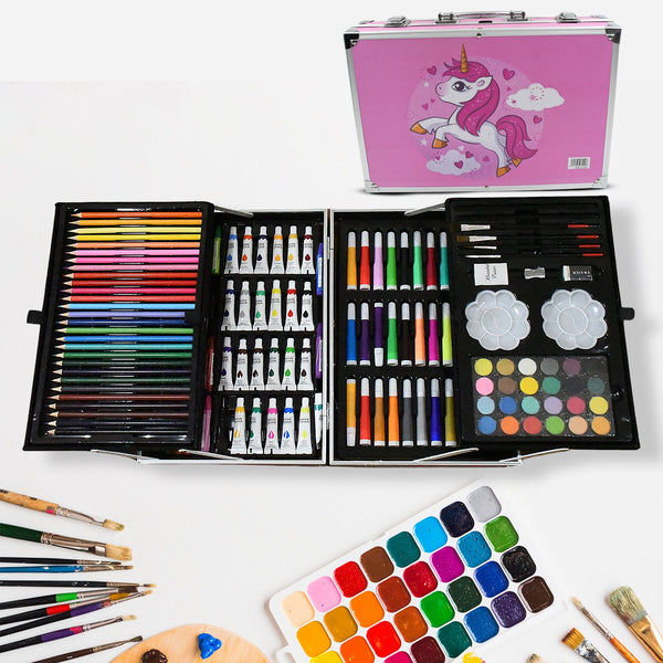 17980 Professional Art Set-Drawing Painting Sketching Coloring Kids Set All in 1 Art Case Perfect for Kids with Unicorn Design Case, Shading Crayons Oil Pastels Color Set Watercolor Cakes Paint Brush Sharpener Eraser (145 Pcs Set)