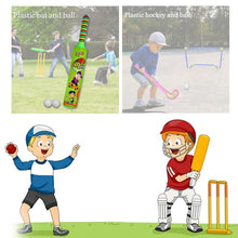 Kids using plastic bat, ball, and hockey set for active play