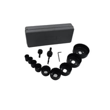 Complete 12 pcs hole saw kit for various sizes.