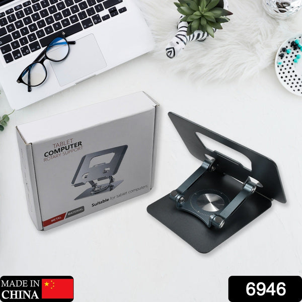 Sturdy metal alloy tablet holder with rotation and foldable design, suitable for various devices.